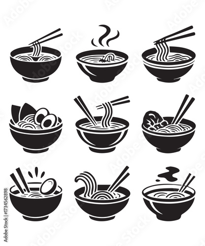 A graphic collection of nine black and white illustrations depicting various noodle soup bowls with chopsticks.