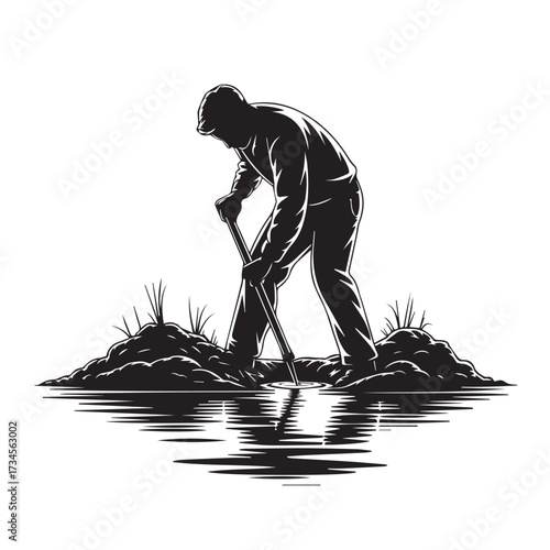 Vector art of silhouette of a person digging in the ground with a shovel, surrounded by dirt mounds