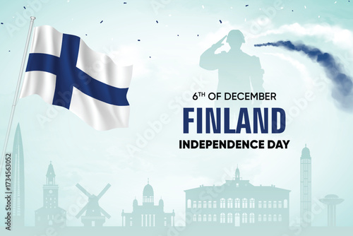 Finland Flag Waving With Army Soldier and Air Show On Skyline Background. Independence Day Concept Design Vector Illustration.