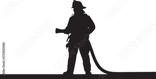 Black silhouette of a firefighter holding a hose and wearing a helmet white 1