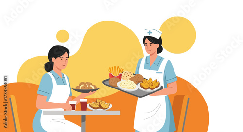 Cartoon illustration depicting nurses enjoying fast food during a break in a cafeteria setting