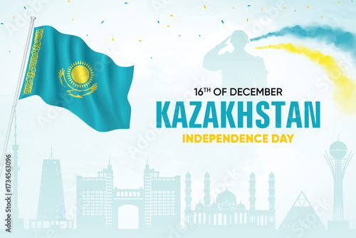 Kazakhstan Flag Waving With Army Soldier and Air Show On Skyline Background. Independence Day Concept Design Vector Illustration.