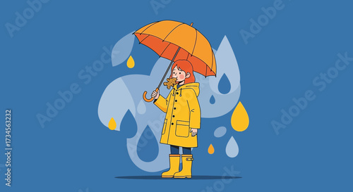 Cartoon illustration of a girl with red hair in yellow raincoat and umbrella during rain