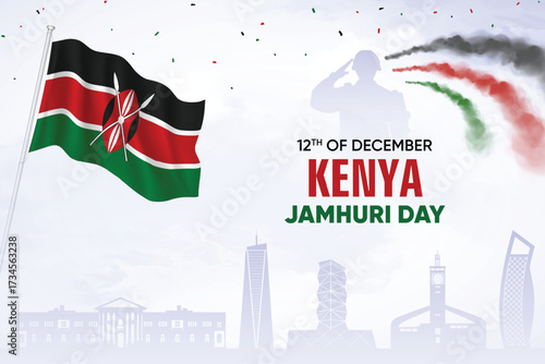 Kenya Flag Waving With Army Soldier and Air Show On Skyline Background. Jamhuri Day Concept Design Vector Illustration.