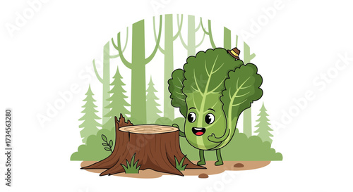 Cartoon Illustration of a Happy Lettuce Character Next to a Tree Stump in a Forest Setting