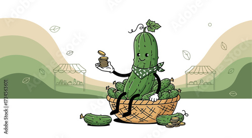 Cartoon pickle character sitting in a basket holding coins at the farmer's market scene