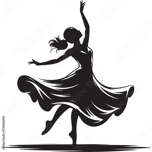 Silhouette of a female ballet dancer in a flowing dress with arms outstretched woman