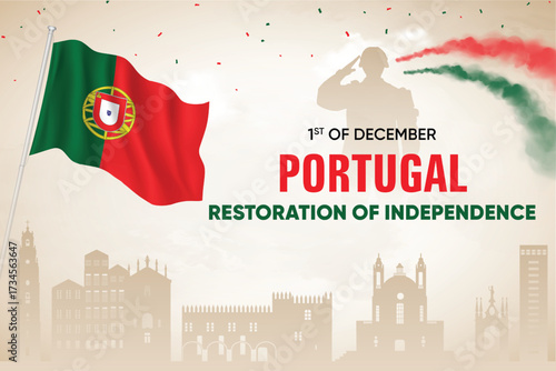 Portugal Flag Waving With Army Soldier and Air Show On Skyline Background. Restoration of Independence Day Concept Design Vector Illustration.