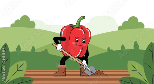 Cartoon red bell pepper character with shovel working in the garden landscape background