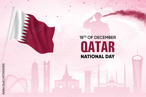 Qatar Flag Waving With Army Soldier and Air Show On Skyline Background. National Day Concept Design Vector Illustration.