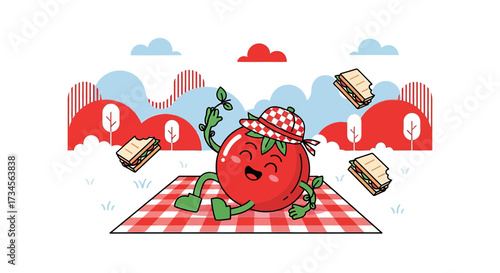 Cartoon tomato character enjoying a picnic with sandwiches in a whimsical landscape illustration