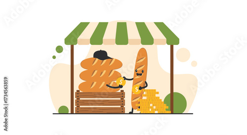 Charming bakery stand illustration with baguette characters doing money transaction business