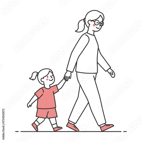 Mother and daughter walking together a simple line art vector illustration depicting family time and bonding