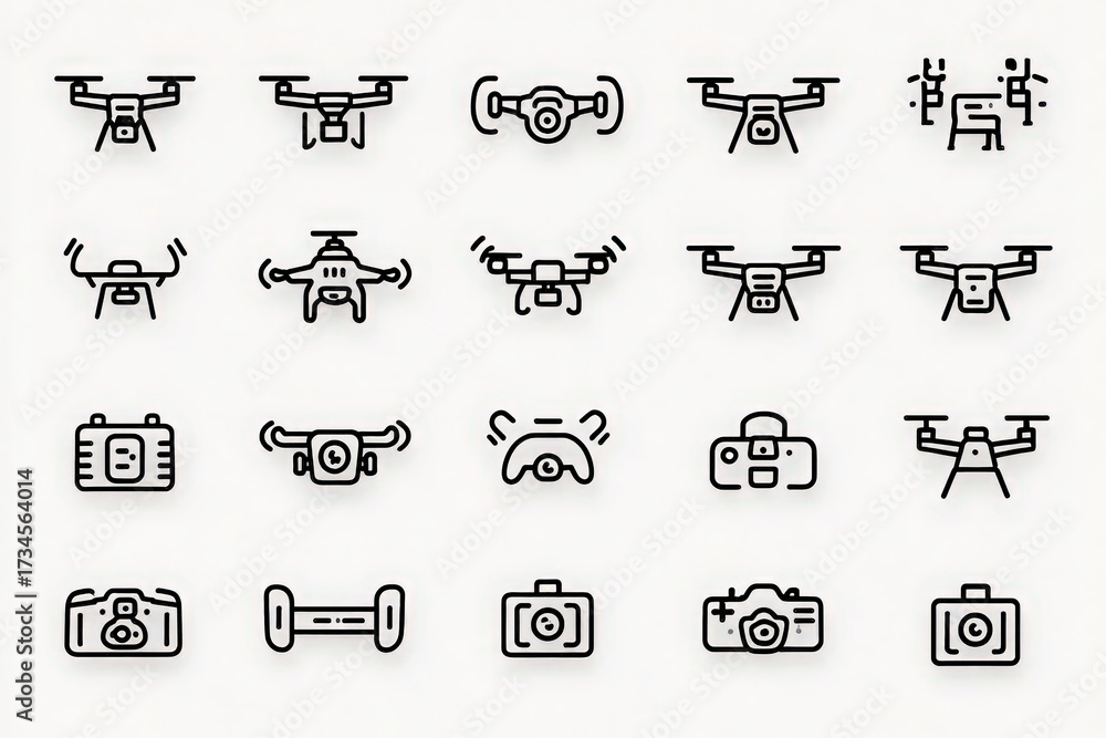 Naklejka premium This visual features a collection of drone icons showcasing various designs and functions.