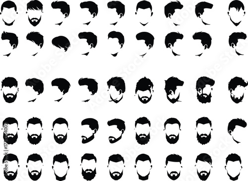 Collection of men hairstyle and beard vector silhouettes, modern haircut clipart, male grooming design, trendy barber icons, stylish fashion illustration