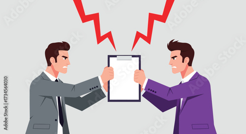 Vector illustration of two businessmen in suits arguing and holding a blank clipboard between them, with red lightning bolts above symbolizing conflict and disagreement