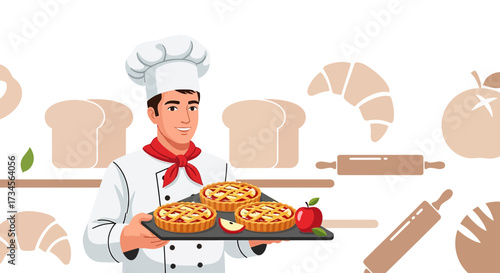 Cheerful baker presenting freshly baked apple pies with illustrative elements design