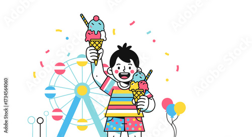 Cheerful boy enjoying ice cream at the amusement park with ferris wheel fun