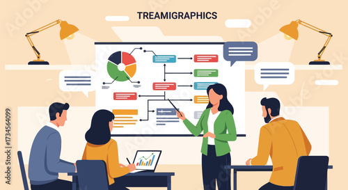 Vector illustration of a business presentation with a colorful pie chart and flowchart on a screen, led by a woman explaining to a small group of colleagues, fostering collaboration and idea sharing