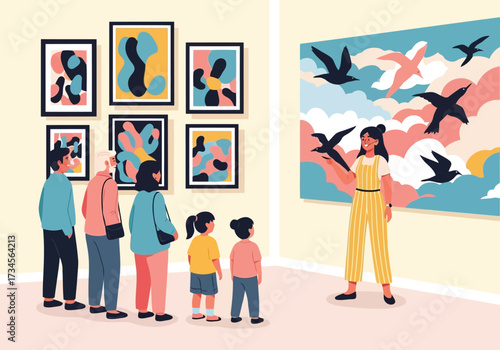 Vector illustration of a group of people, including children and adults, admire artwork in a modern art gallery, with a guide explaining a painting of birds in flight