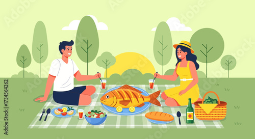 Cheerful couple enjoying a delightful summer picnic in the park with a delicious meal and