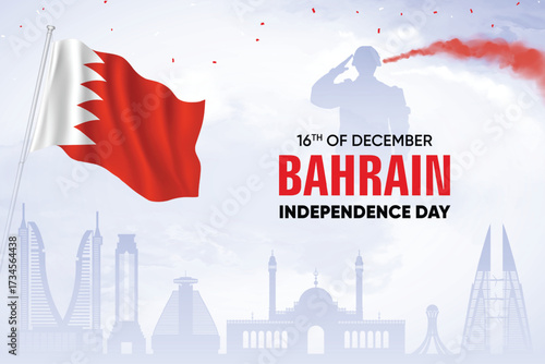 Bahrain Flag Waving With Army Soldier and Air Show On Skyline Background. Independence Day Concept Design Vector Illustration.