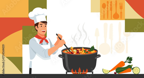 Cheerful male chef stirring a large pot of stew in a stylized kitchen setting full of food