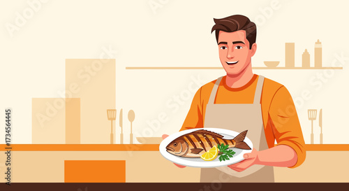 Cheerful man in apron presenting a grilled fish dish in a cozy kitchen setting