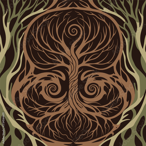 Abstract Stylized Celtic Tree of Life with swirling branches and roots.