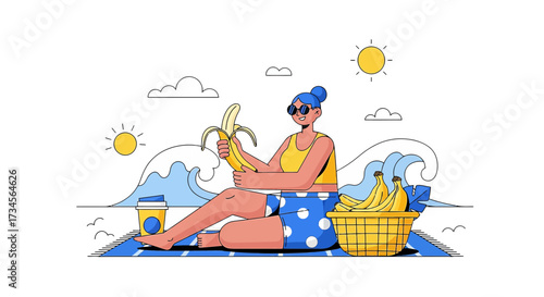 Cheerful woman enjoying a tropical beach with bananas in a conceptual illustration