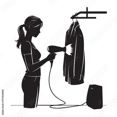Vector art of silhouette of a woman using a hairdryer to dry a jacket hanging on a rack