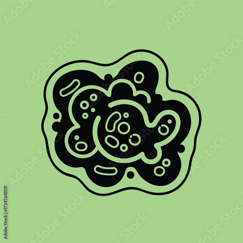 Close-up of a single-celled organism with irregular shape and internal structures on a light green