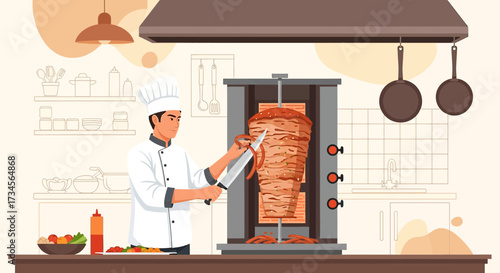 Chef skillfully preparing delicious shawarma in a modern kitchen setting with traditional tools