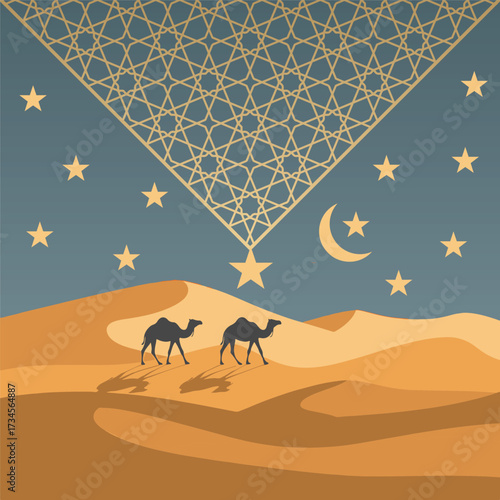 Two camels walking across desert dunes at night.