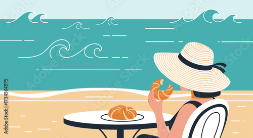 Coastal breakfast bliss: Serene beach scene with woman enjoying pastries by the ocean view
