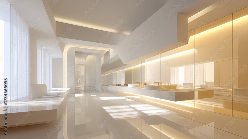 Fototapeta premium rendering of a minimalist bathroom with soft white walls, recessed lighting, and a wall-mounted toilet. Space features subtle shadows and reflective floor surfaces. Clean layout with minimal
