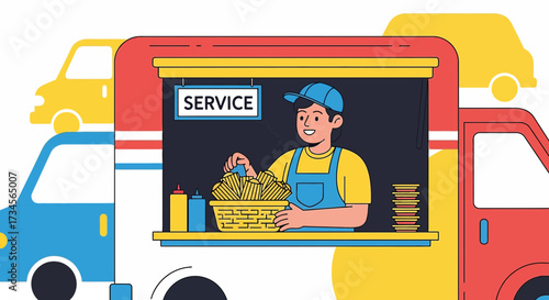 Colorful Food Truck Illustration with Attendant Serving Fries and Car Backgrounds