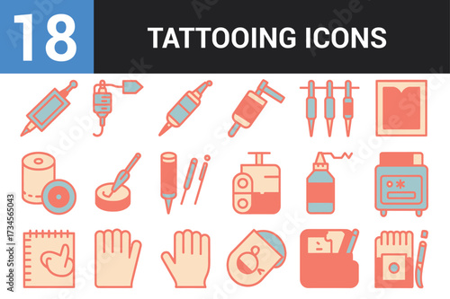 Collection of 18 tattooing icons representing tools and supplies for body art professionals