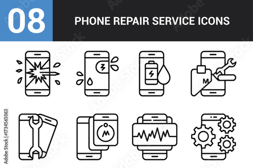 Mobile phone repair service icons set showing various device issues and solutions