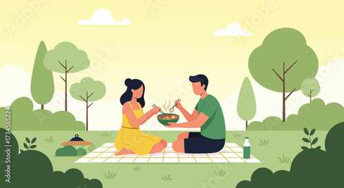 Couple enjoying a picnic in the park with beautiful nature scenery and tasty food sharing moments