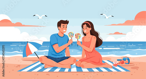 Couple enjoying beach time with lollipops and seaside picnic illustration  vector