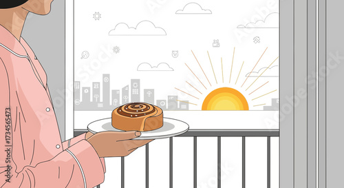 Cozy morning illustration of a woman enjoying a cinnamon roll on her balcony with city view