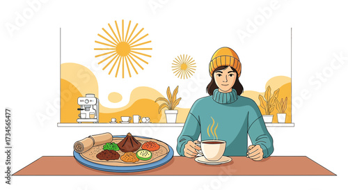 Cozy morning: A woman enjoying Ethiopian cuisine with a cup of coffee in a warm atmosphere