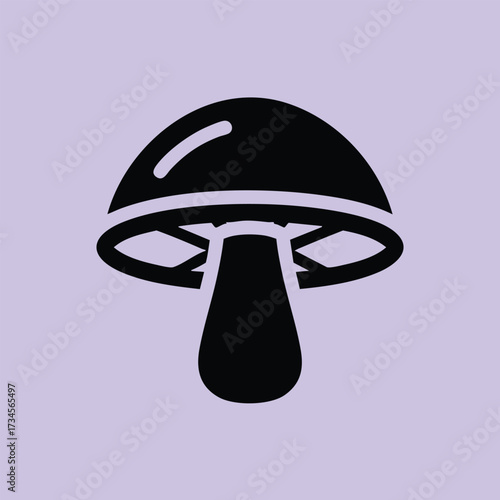 Minimalist black silhouette of a mushroom with a rounded cap and a thick stem on a soft lavender
