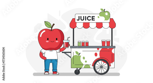 Cute Apple Character Promoting Fresh Juice at a Colorful Cartoon Juice Stand Illustration