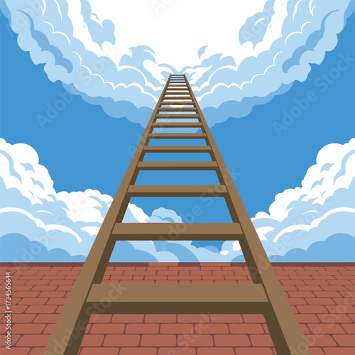Wooden ladder reaching high into the sky through clouds.