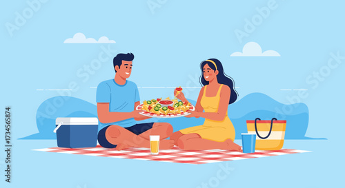 Delightful picnic illustration featuring a couple enjoying nachos on a bright day outdoors