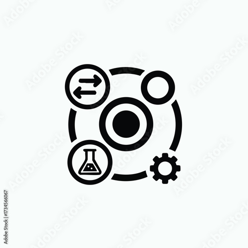 Abstract technological and scientific icons representing innovation, process, and engineering concepts in a modern digital environment