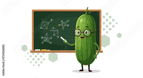 Educational illustration featuring a cartoon cucumber teaching geometry on a chalkboard