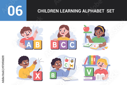 Children learning alphabet set with fun educational blocks and activities for early education